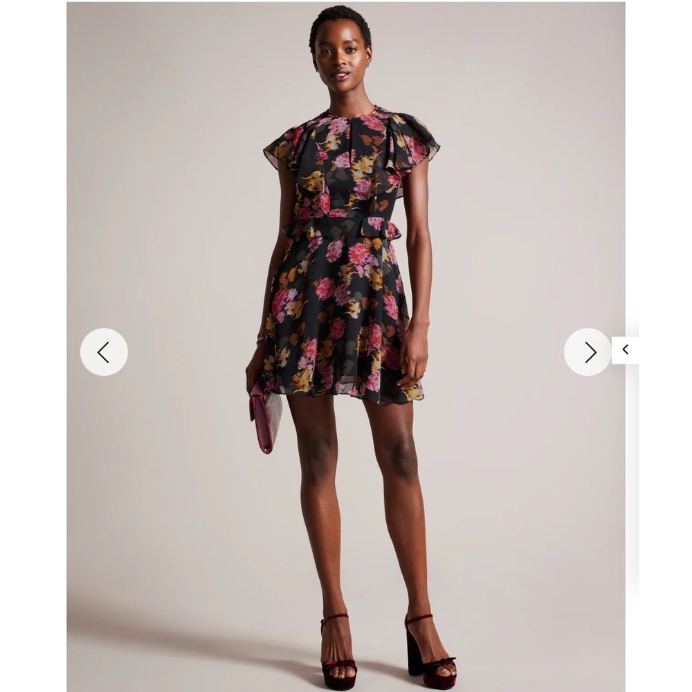 Ted Baker TIIAH Glitched Floral Peplum Mini Dress 2 Black Excellent Ruffle